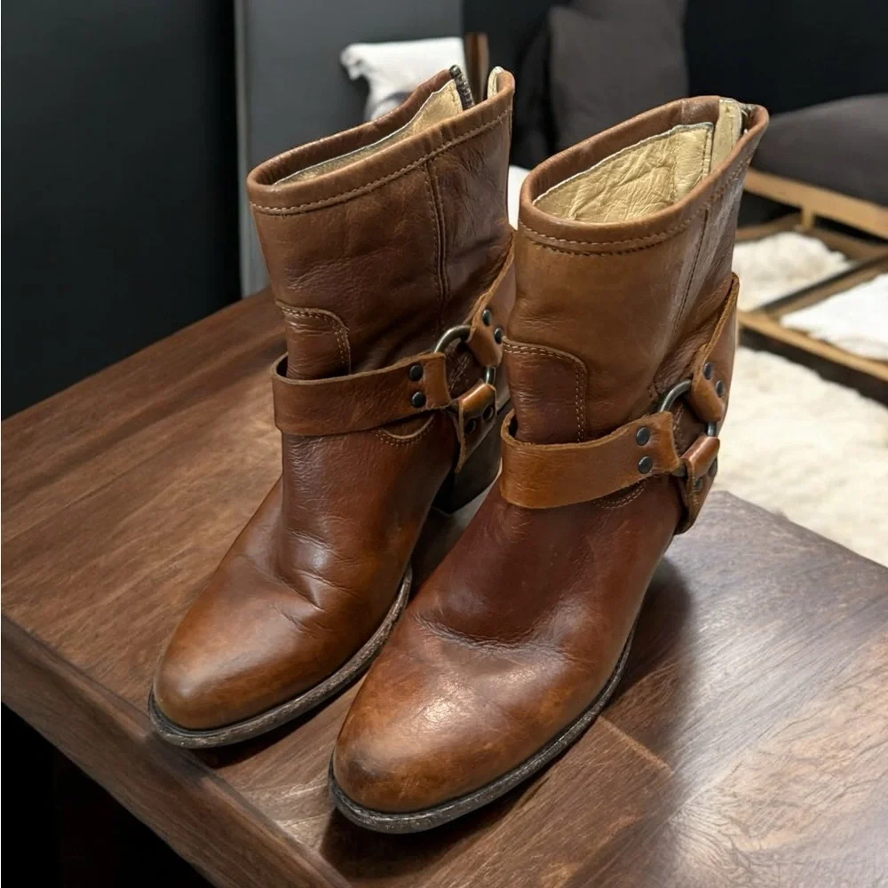 Frye Brown Leather Harness Ankle Boots